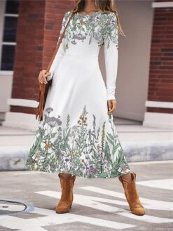 Women's Work Dress Casual Dress Swing Dress Fashion Winter Dress Daily Midi Dress Print Crew Neck Long Sleeve Floral Regular Fit Pink Blue Green Fall Winter S M L XL XXL -Tesla Style dnaesu1696645464790