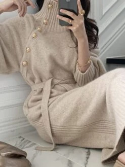 Women‘s Sweater Dress Winter Dress Sheath Dress Knee Length Dress Black Khaki Beige Long Sleeve Pure Color Button Fall Winter Autumn Turtleneck Stylish Winter Dress Fall Dress Loose Fit 2023 One-Size -Tesla Style dnonrz1658746615356