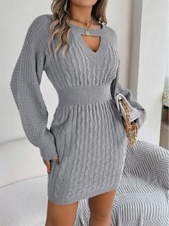 Women's Sweater Dress Winter Dress Jumper Dress Mini Dress Active Pure Color Outdoor Casual Holiday Vacation Crew Neck Long Sleeve Cut Out 2023 Loose Fit Wine Khaki Gray S M L -Tesla Style dohvrs1697526811732