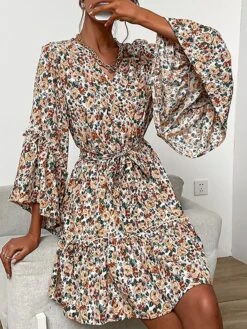 Women's Work Dress Casual Dress Sheath Dress Fashion Winter Dress Office Daily Mini Dress Lace Up Print V Neck Long Sleeve Floral Loose Fit Apricot Fall Winter S M L XL -Tesla Style domxkr1695030983989