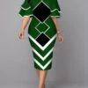 Women's Work Dress Sheath Dress Semi Formal Dress Fashion Office Daily Midi Dress Print V Neck Half Sleeve Geometric Regular Fit Yellow Wine Royal Blue Fall Winter S M L XL XXL -Tesla Style doopkd1696732973196
