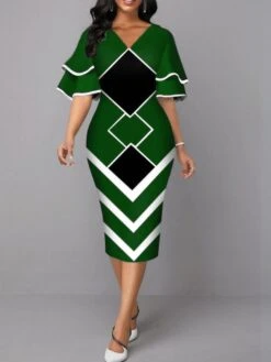 Women's Work Dress Sheath Dress Semi Formal Dress Fashion Office Daily Midi Dress Print V Neck Half Sleeve Geometric Regular Fit Yellow Wine Royal Blue Fall Winter S M L XL XXL
