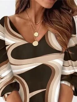 Women's Sweatshirt Dress Winter Dress Shift Dress Mini Dress Khaki 3/4 Length Sleeve Color Gradient Print Fall Winter Autumn V Neck Vacation Loose Fit 2023 S M L XL XXL 3XL -Tesla Style dopolm1663755254080