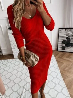 Women‘s Sweater Dress Winter Dress Sheath Dress Midi Dress Black Red Blue Long Sleeve Pure Color Ruched Spring Fall Winter V Neck Fashion Vacation Fall Dress 2023 S M L XL XXL 3XL 4XL 5XL -Tesla Style douohd1607938428708