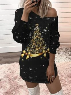 Women‘s Christmas Casual Dress Sweatshirt Dress Mini Dress Warm Fashion Outdoor Holiday Crew Neck Print Snowman Tree Loose Fit Black Red Royal Blue S M L XL XXL -Tesla Style dowvnl1694156814536