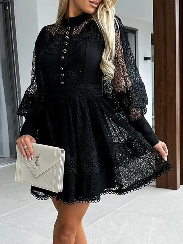 Women's Party Dress Lace Dress Homecoming Dress Mini Dress Black White Long Sleeve Pure Color Lace Summer Spring Fall Stand Collar Fashion Wedding Guest Birthday Vacation Slim 2023 S M L XL 13 Women's Party Dress Lace Dress Homecoming Dress Mini Dress Black White Long Sleeve Pure Color Lace Summer Spring Fall Stand Collar Fashion Wedding Guest Birthday Vacation Slim 2023 S M L XL - Image 11
