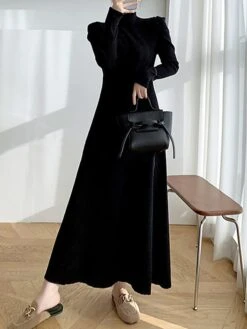 Women's Sweater Dress Jumper Dress Casual Dress Long Dress Maxi Dress Active Pure Color Outdoor Casual Holiday Vacation Turtleneck Long Sleeve 2023 Regular Fit Black Beige M -Tesla Style doyhwo1692616009859