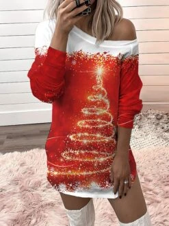Women‘s Christmas Casual Dress Sweatshirt Dress Mini Dress Warm Fashion Outdoor Holiday Crew Neck Print Snowman Tree Loose Fit Black Red Royal Blue S M L XL XXL -Tesla Style dphkbn1694156815511