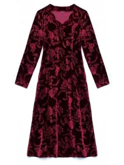 Women's Party Dress Velvet Dress Print Dress Midi Dress Maroon Dark Green Purple Long Sleeve Floral Print Spring Fall Winter V Neck Stylish Party Winter Dress Wedding Guest 2023 XL 2XL 3XL 4XL 5XL 6XL -Tesla Style dpifmw1665489374097