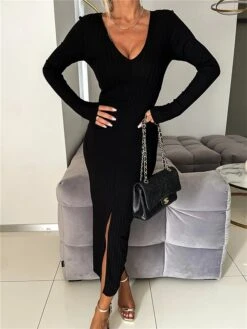 Women's Sweater Dress Jumper Dress Casual Dress Midi Dress Fashion Plain Outdoor Daily Vacation Going Out V Neck Long Sleeve 2023 Regular Fit Black Green Khaki S M L XL XXL -Tesla Style dqcdgu1694427592608