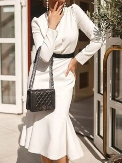 Women's Work Dress Sheath Dress White Dress Fashion Office Daily Midi Dress Ruffle Button Crew Neck Long Sleeve Plain Regular Fit White Spring Fall S M L XL XXL