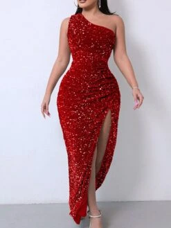 Women's Prom Dress Party Dress Sequin Dress Long Dress Maxi Dress Silver Black Pink Sleeveless Pure Color Sequins Summer Spring Fall One Shoulder Party Wedding Guest Birthday Evening Party Slim 2023 -Tesla Style dqozed1660213435944