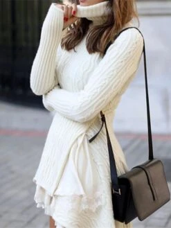 Women‘s Sweater Dress Winter Dress White Dress White Long Sleeve Pure Color Lace Layered Plus High Low Winter Fall Turtleneck High Neck Stylish Elegant Casual 2022 S M L XL XXL XXXL 4XL -Tesla Style dqsuzw1636354375962