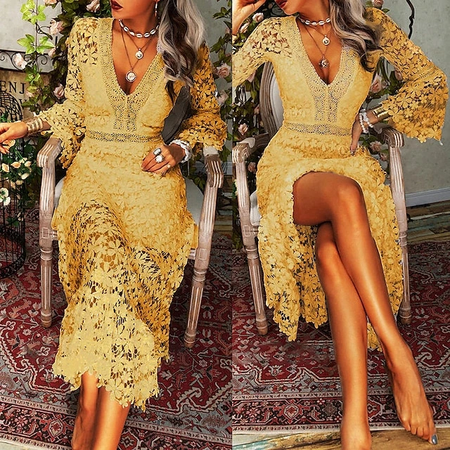 Women's Party Dress Lace Dress Homecoming Dress Long Dress Maxi Dress White Yellow Pink Long Sleeve Pure Color Lace Summer Spring Fall Deep V Fashion Winter Dress Birthday Wedding Guest 2022 S M L XL 9 Women's Party Dress Lace Dress Homecoming Dress Long Dress Maxi Dress White Yellow Pink Long Sleeve Pure Color Lace Summer Spring Fall Deep V Fashion Winter Dress Birthday Wedding Guest 2022 S M L XL - Image 7