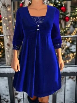 Women's Velvet Dress Party Dress Sequin Dress Mini Dress Blue Long Sleeve Pure Color Sequins Spring Fall Winter V Neck Fashion Winter Dress Christmas Wedding Guest 2023 S M L XL XXL 3XL