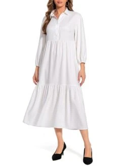 Women's Work Dress Satin Dress Swing Dress Fashion Midi Dress Ruffle Button Shirt Collar Long Sleeve Plain Loose Fit White Fall Winter S M L XL XXL -Tesla Style drdplb1693466158194