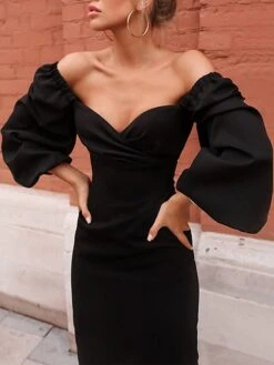 Women's Work Dress Sheath Dress Semi Formal Dress Fashion Winter Dress Office Daily Midi Dress Backless Off Shoulder Long Sleeve Plain Regular Fit Black Wine Fall Winter S M L -Tesla Style drfdto1697098985169