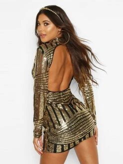 Women's Party Dress Sequin Dress Homecoming Dress Mini Dress Black Gold Flakes Black Long Sleeve Geometric Sequins Spring Fall Winter High Neck Party Party Winter Dress Birthday 2022 S M L XL -Tesla Style drphos1632725752124