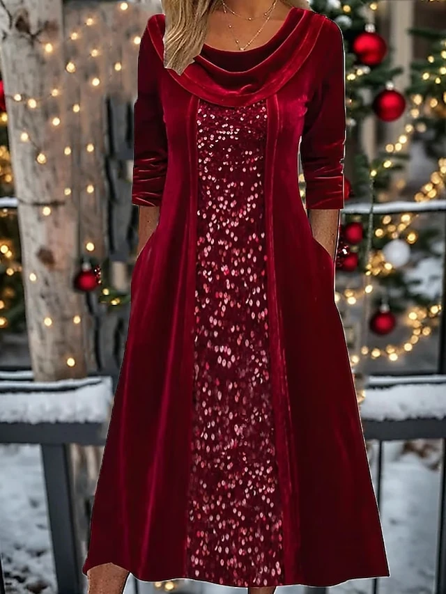 Women‘s Christmas Party Dress Velvet Dress Sequin Dress Midi Dress Wine Long Sleeve Pure Color Sparkly Glitter Sequins Spring Fall Winter Crew Neck Fashion Winter Dress Wedding Guest 2023 3 Women‘s Christmas Party Dress Velvet Dress Sequin Dress Midi Dress Wine Long Sleeve Pure Color Sparkly Glitter Sequins Spring Fall Winter Crew Neck Fashion Winter Dress Wedding Guest 2023