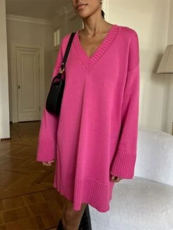 Women's Sweater Dress Jumper Dress Casual Dress Midi Dress Warm Pure Color Outdoor Casual Daily Going Out V Neck Long Sleeve 2023 Loose Fit Black Rose Red S M L -Tesla Style drwpuc1694586605764