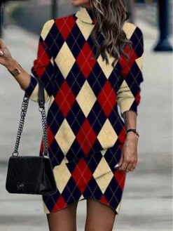 Women's Casual Dress Sweatshirt Dress Winter Dress Geometric Plaid Ruched Print Turtleneck Mini Dress Fashion Streetwear Outdoor Daily Long Sleeve Loose Fit Pink Burgundy Purple Fall Winter S M L XL -Tesla Style drwrhk1694597563767