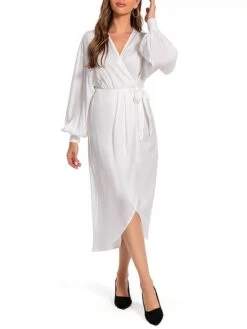 Women's Work Dress Satin Dress White Dress Fashion Midi Dress Lace Up V Neck Long Sleeve Plain Loose Fit White Fall Winter S M L XL XXL