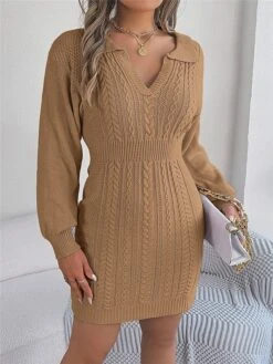Women's Sweater Dress Winter Dress Jumper Dress Mini Dress Warm Pure Color Outdoor Casual Holiday Vacation V Neck Long Sleeve 2023 Regular Fit Pink Burgundy Green S M L -Tesla Style dsbvci1696926494066