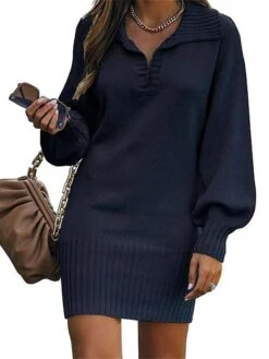 Women's Sweater Dress Jumper Dress Casual Dress Mini Dress Warm Pure Color Outdoor Casual Daily Going Out V Neck Long Sleeve 2023 Loose Fit Black Yellow Wine S M L XL XXL 3XL -Tesla Style dseica1692340289623