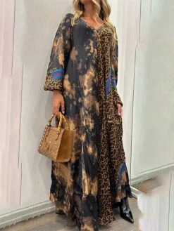 Women's Work Dress Casual Dress Swing Dress Fashion Winter Dress Daily Long Dress Maxi Dress Ruched Print V Neck Long Sleeve Leopard Loose Fit Brown Fall Winter S M L XL XXL -Tesla Style dsfgsi1695635339842