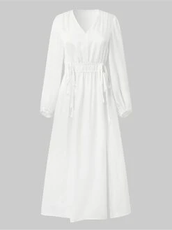 Women's Work Dress Satin Dress White Dress Fashion Midi Dress Drawstring Split V Neck Long Sleeve Plain Loose Fit White Fall Winter S M L XL XXL -Tesla Style dsftca1693363855335