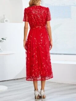 Women's Party Dress Sequin Dress Cocktail Dress Midi Dress White Champagne Red Short Sleeve Pure Color Lace Up Summer Spring V Neck Fashion Wedding Guest Vacation Summer Dress 2023 S M L XL 2XL -Tesla Style dszbtl1679035605875