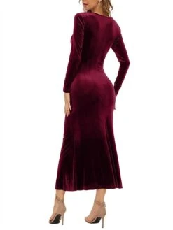 Women‘s Christmas Prom Dress Party Dress Velvet Dress Long Dress Maxi Dress Black Wine Dark Green Long Sleeve Pure Color Ruched Spring Fall Winter V Neck Fashion Winter Dress Birthday Evening Party -Tesla Style dtecqw1691402334646