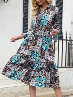 Women's Work Dress A Line Dress Fashion Midi Dress Patchwork Button Stand Collar 3/4 Length Sleeve Leaf Floral Regular Fit Blue Fall S M L XL XXL -Tesla Style dteode1693300571802