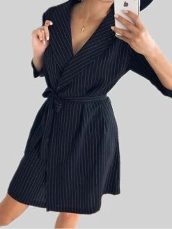 Women's Shirt Dress Casual Dress Sheath Dress Mini Dress Outdoor Office Business Polyester Classic Modern Shirt Collar Lace Up Print Long Sleeve Summer Spring Fall 2023 Loose Fit Black Striped S M L -Tesla Style dthobe1677234552550