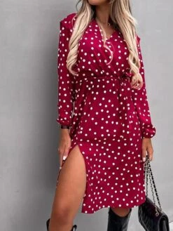 Women's Work Dress Sheath Dress Semi Formal Dress Fashion Midi Dress Lace Up Split V Neck Long Sleeve Polka Dot Loose Fit Black White Red Fall Winter S M L XL XXL -Tesla Style dtstoi1692080010075