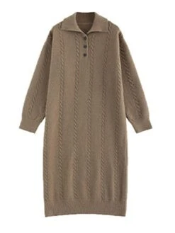 Women's Sweater Dress Jumper Dress Casual Dress Midi Dress Fashion Pure Color Outdoor Daily Vacation Going Out Lapel Long Sleeve Patchwork Button 2023 Regular Fit White Camel One Size -Tesla Style dtxigj1695280912711