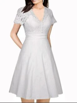Women's Party Dress Lace Dress Homecoming Dress Midi Dress White Short Sleeve Pure Color Lace Summer Spring V Neck Stylish Party Wedding Guest Spring Dress 2023 S M L XL XXL 3XL -Tesla Style duiyra1660535342586