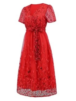 Women's Party Dress Sequin Dress Cocktail Dress Midi Dress White Champagne Red Short Sleeve Pure Color Lace Up Summer Spring V Neck Fashion Wedding Guest Vacation Summer Dress 2023 S M L XL 2XL -Tesla Style dumsiq1679035605190