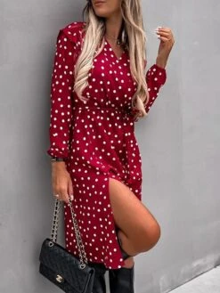 Women's Work Dress Sheath Dress Semi Formal Dress Fashion Midi Dress Lace Up Split V Neck Long Sleeve Polka Dot Loose Fit Black White Red Fall Winter S M L XL XXL -Tesla Style dupdkb1692080008217