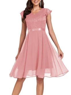 Women's Party Dress Lace Dress Cocktail Dress Midi Dress Pink Wine Navy Blue Short Sleeve Pure Color Lace Spring Fall Winter V Neck Fashion Winter Dress Wedding Guest Vacation 2023 S M L XL XXL -Tesla Style dvhmjv1692179082508