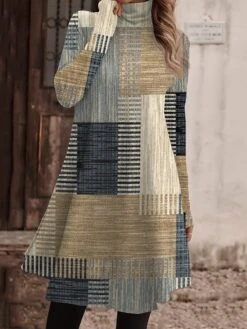 Women's Work Dress Casual Dress Fashion Winter Dress Daily Mini Dress Print Turtleneck Long Sleeve Geometric Plaid Regular Fit Yellow Pink Blue Fall Winter S M L XL XXL -Tesla Style dvkpmn1694156881193