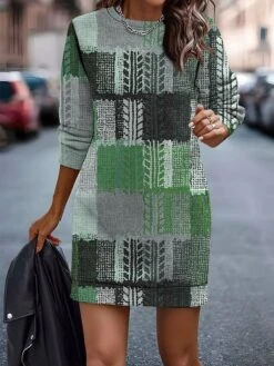 Women's Casual Dress Sweatshirt Dress Mini Dress Warm Fashion Outdoor Vacation Going Out Crew Neck Print Geometric Loose Fit Red Blue Green S M L XL XXL -Tesla Style dvmauw1696759603364