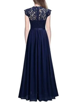 Women's Prom Dress Party Dress Lace Dress Long Dress Maxi Dress Black Wine Navy Blue Short Sleeve Pure Color Lace Summer Spring Fall Crew Neck Party Wedding Guest Vacation Fall Dress 2023 S M L XL 2XL -Tesla Style dvokdi1672828176434