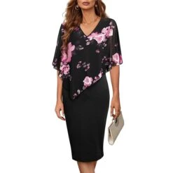 Women's Work Dress Sheath Dress Church Dress Midi Dress Black Pink Wine Half Sleeve Floral Fake Two Piece Summer Spring V Neck Elegant Office Wedding Guest Summer Dress 2023 S M L XL XXL -Tesla Style dvoroh1649223860483