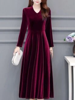 Women‘s Party Dress Wedding Guest Dress Velvet Dress Work Dress Midi Dress Black Wine Royal Blue Long Sleeve Pure Color Ruched Winter Fall Spring V Neck Fashion Spring Dress 2023 M L XL 2XL 3XL 4XL -Tesla Style dvykgn1671789629274