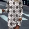 Women's Casual Dress Sweatshirt Dress Mini Dress Warm Fashion Outdoor Vacation Going Out Crew Neck Print Geometric Regular Fit Gray S M L XL XXL -Tesla Style dwgadh1697023799242