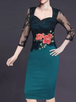 Women's Party Dress Lace Dress Bodycon Midi Dress Purple Green 3/4 Length Sleeve Floral Lace Fall Winter Autumn Square Neck Stylish 2023 S M L XL XXL 3XL 4XL 5XL -Tesla Style dwvkey1645582127028