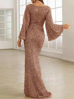 Women's Prom Dress Sequin Dress Wedding Guest Dress Long Dress Maxi Dress Silver Wine Gold Long Sleeve Pure Color Sequins Summer Spring Fall V Neck Party Evening Party Fall Dress Spring Dress S M L -Tesla Style dwxwep1678429965307