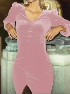 Women‘s Christmas Party Dress Velvet Dress Wedding Guest Dress Midi Dress Black Pink Wine Long Sleeve Pure Color Button Spring Fall Winter V Neck Fashion Winter Dress Office Evening Party 2023 -Tesla Style dwzwna1692614939175