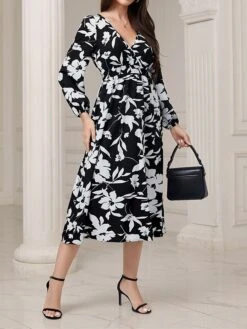 Women's Work Dress Casual Dress Swing Dress Fashion Winter Dress Daily Midi Dress Ruched Print V Neck Long Sleeve Floral Loose Fit Black Fall Winter S M L XL -Tesla Style dxckyt1695645236842